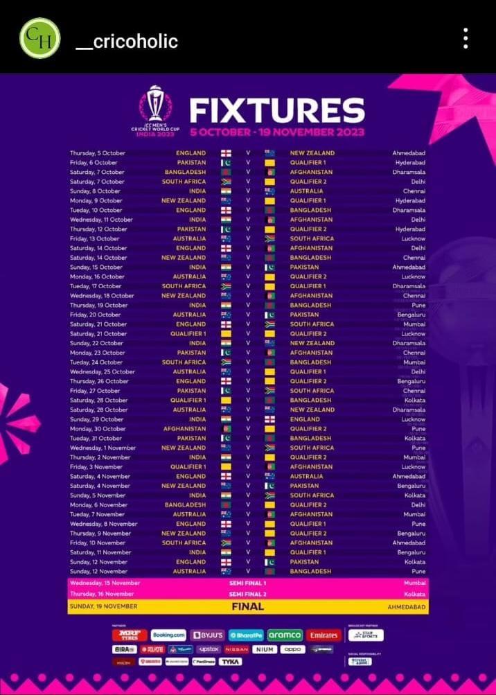 ODI world cup fixtures